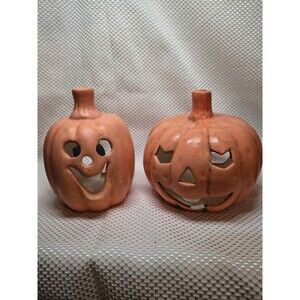 Vtg Nantucket Dist Ceramic Pumpkin Jack O Lantern Candle Holder Box Set of 2